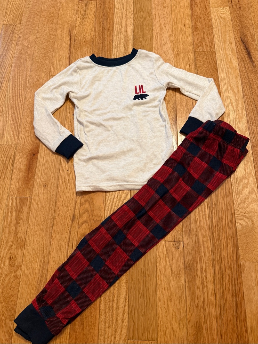 Kids Two-Piece Pajama Set -Cream Top & Red and navy blue Plaid Pants
